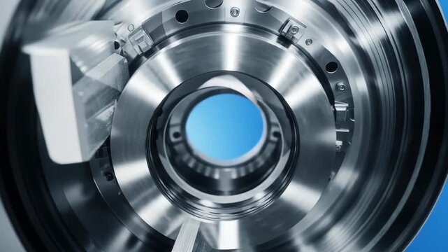 Metal machinery featuring intricate parts and precise engineering, creating a reflective texture that highlights the complexity and sophistication of industrial technology