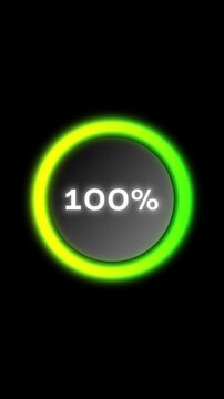 Neon green circular progress gauge rising to 100 percent vertical animation
