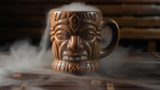 Smoking exotic cocktail in ceramic mug at a tiki bar
