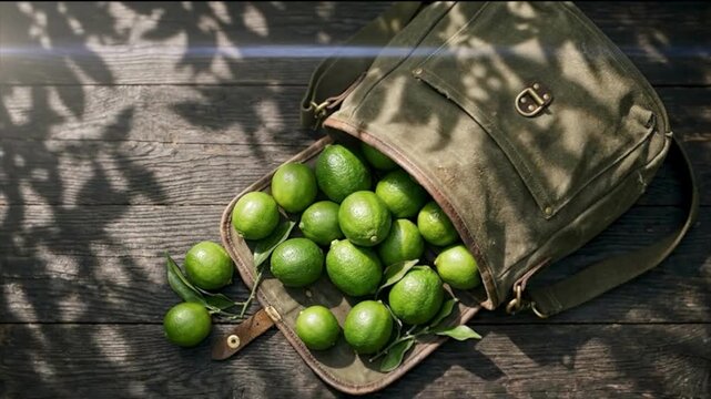 Fresh Green Limes in Canvas Bag on Rustic Table in Lime Orchard