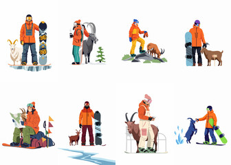 Fototapeta premium Set of illustrations featuring snowboarders and skiers in winter gear interacting with mountain goats in various snowy landscapes.