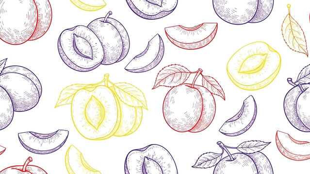Fresh whole and sliced purple and yellow plums illustration seamless pattern design for textile fabric printing with organic fruit repeating background graphic art.