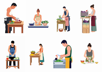Fototapeta premium Collection of flat illustrations depicting various people in aprons preparing fresh vegetables and cooking healthy meals in diverse kitchen settings.