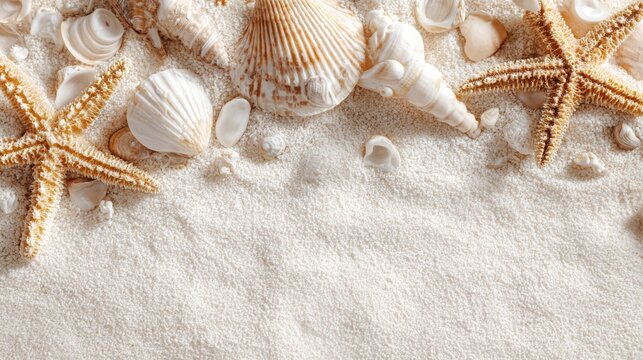 Sandy beach with white and beige seashells and starfish creating natural textured background for summer holiday, tropical vacation, coastal travel and seaside relaxation concept