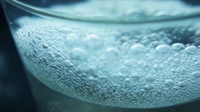 Clear liquid filling a transparent container with many effervescent air bubbles, creating a refreshing and dynamic close up scene capturing movement and fluidity