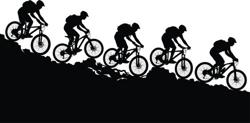 Fototapeta premium Mountain biker downhill riding on rocky trail silhouette sequence isolated illustration for extreme sports adventure concept