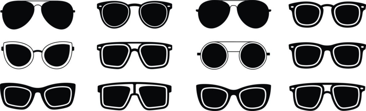 Set of silhouettes for various eyewear styles including modern aviator and classic frames for summer accessories isolated on grid background.