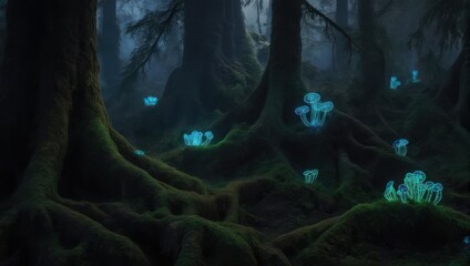 Fototapeta premium Enchanted Forest with Bioluminescent Mushrooms and Glowing Flora at Night.