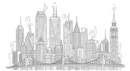 Fototapeta premium Illustrated urban skyline graphic with diverse architectural buildings and bridge