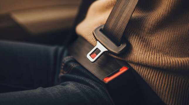 Close up view of person wearing car safety belt while sitting inside vehicle during journey ensures protection and follows traffic regulations for safe driving trip on road highway.