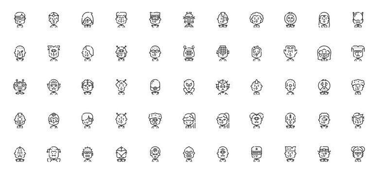 Science fiction avatar icon set. Minimalist character icons pack. Featuring mutant, robot, alien, superhero, cyborg, elf, monster, scientist, ninja, cyclops and more. Editable vector stroke.