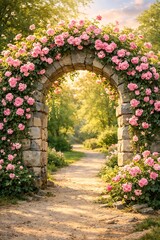 Fototapeta premium Stone garden arch covered in beautiful blooming pink roses