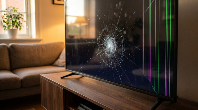 Broken television screen with spider web cracks and colorful vertical glitch lines on monitor display showing physical damage impact point on wooden media console in cozy living room.