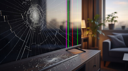 Obraz premium Broken television screen with spider web cracks and glowing vertical colored lines showing display failure on wooden tv stand in home environment with blurred couch and bright window.