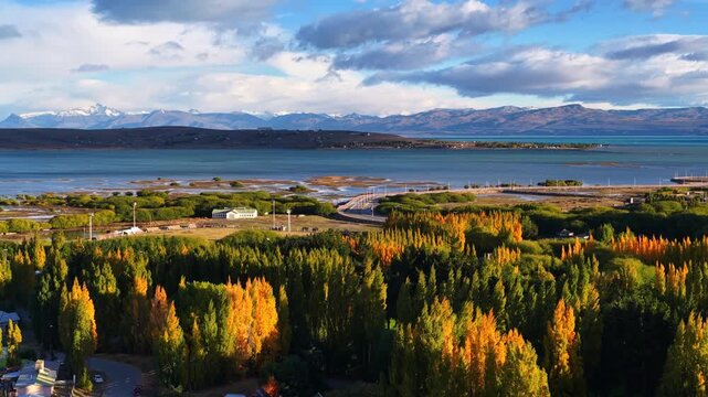 drone shot of Lago Argentino near El Calafate in Patagonia, hiking in Argentinian Patagonia in autumn, fall colours in Patagonia