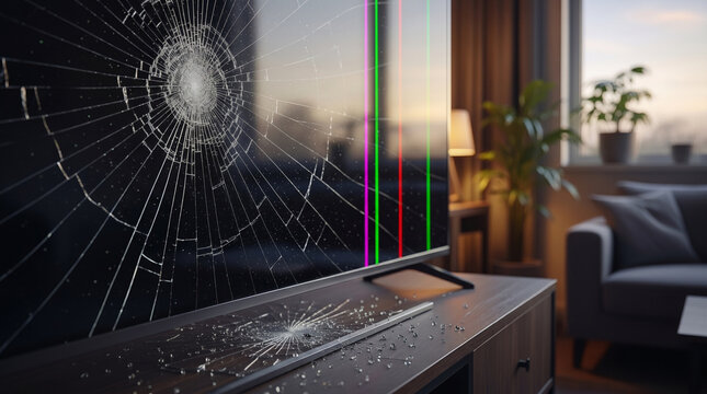 Broken television screen with spider web cracks and glowing vertical colored lines showing display failure on wooden tv stand in home environment with blurred couch and bright window.