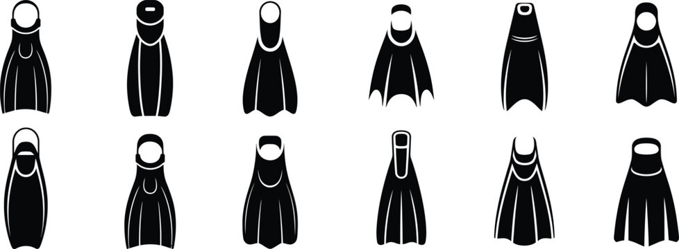 Professional set of diving flipper silhouettes showing various fin designs for snorkeling and scuba diving equipment icons on grid background.