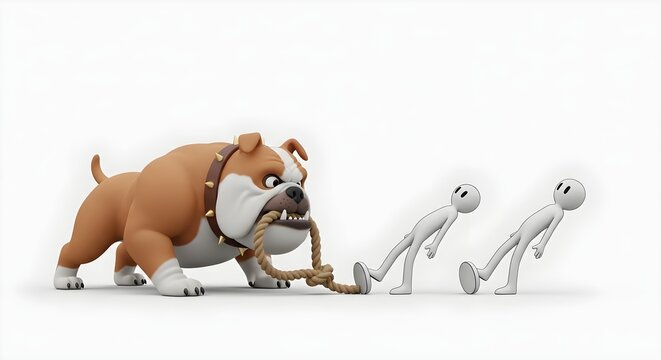 Powerful bulldog playing tug of war with small human figures