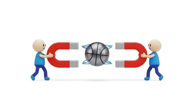 3d characters using magnets on a metallic basketball