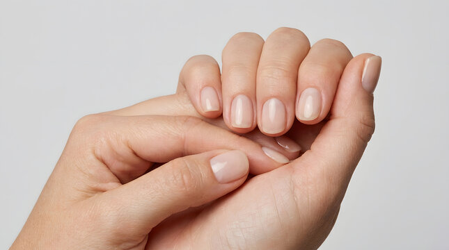 Close up of hand with clean natural fingernails and soft nude gloss against a white background for minimalist manicure content