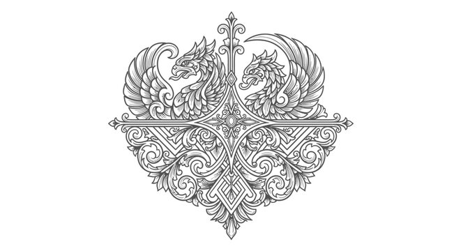 Intricate dragon emblem illustration with ornate details on white background