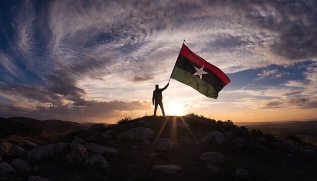 Man holding Libyan flag on hilltop at sunset