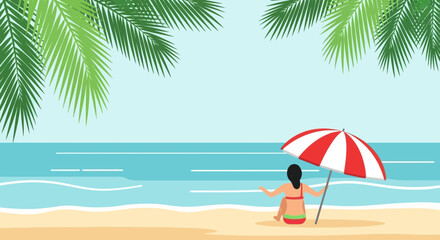 Obraz premium Woman Relaxing Under Beach Umbrella on Sandy Shore with Palm Leaves Overhead