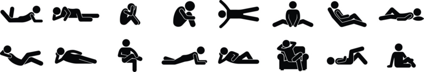 Minimalist stick figure icons of people lying down, 16 vector silhouettes in various resting poses, black human pictograms for relaxation and comfort © Angel Mandik