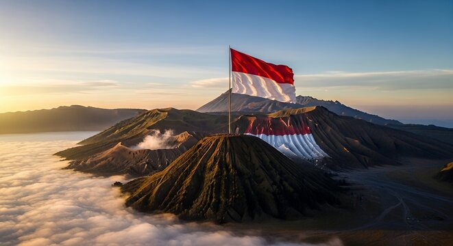 Indonesian flag flying over Mount Bromo volcano landscape.