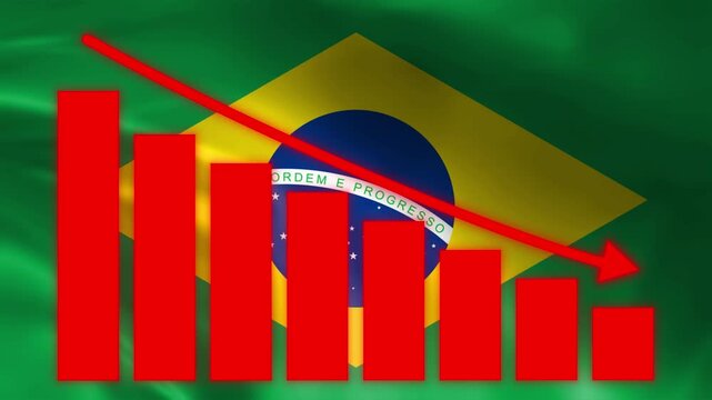 Brazil's Economic Downturn: A stark red downward trend graph overlays the Brazilian flag, symbolizing a significant economic recession and financial crisis in the nation.