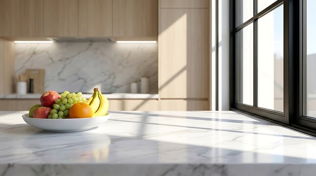 A bowl of fresh fruit sits on a marble countertop in a modern kitchen, bathed in natural light from a large window