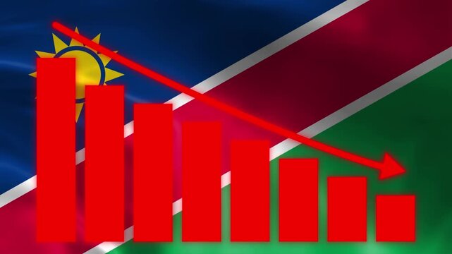 Namibian Economy Downturn: A stark red bar graph illustrates a declining economic trend superimposed over the Namibian flag, symbolizing financial hardship and recession.