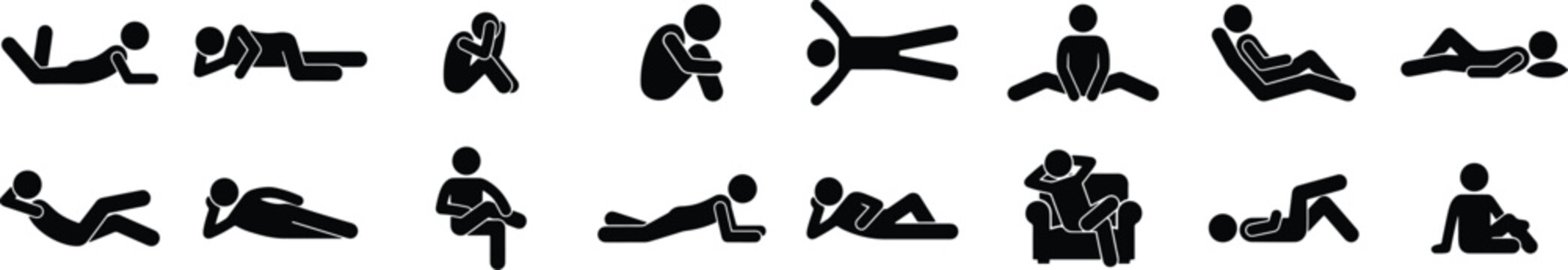 Minimalist stick figure icons of people lying down, 16 vector silhouettes in various resting poses, black human pictograms for relaxation and comfort