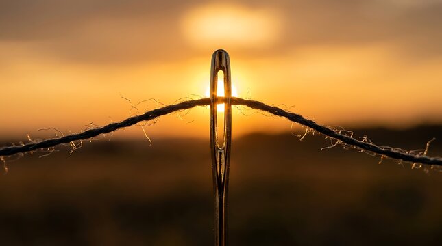 A close-up shot of a sewing needle threaded with dark thread against a vibrant sunset. The warm golden light of the setting sun shines through the eye of the needle, creating a beautiful.