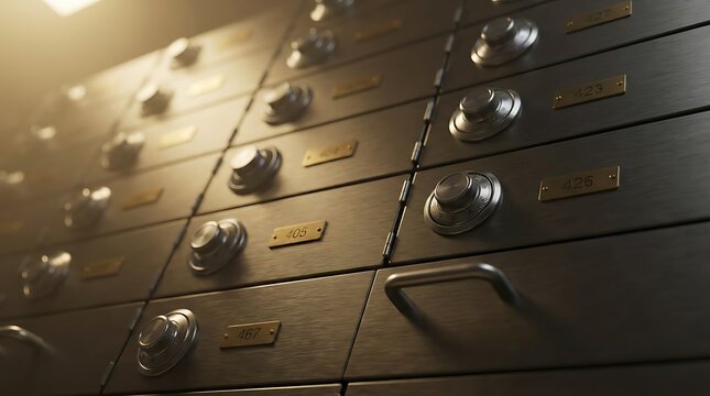 Rows of vintage safety deposit boxes, illuminated by a soft, golden light, creating an atmosphere of security and wealth