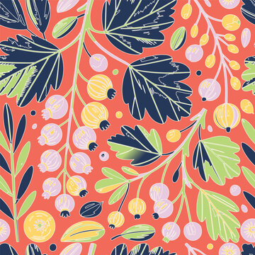 Colorful botanical seamless pattern featuring stylized redcurrant berries, hand-drawn navy and green foliage over a bright coral orange backdrop.