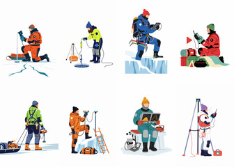 Vector set of diverse scientists and researchers performing arctic expeditions, geological studies, and meteorological observations in extreme polar conditions. © Arto