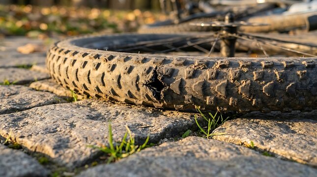 A flat tire on a bicycle lying on a cobblestone path with fallen leaves and grass