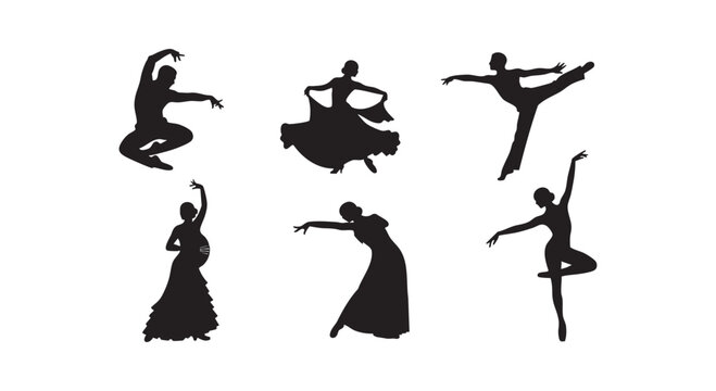 Set of black silhouettes featuring various dancers in different poses including ballet flamenco and ballroom performance.