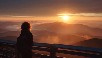Fototapeta premium Person silhouetted against a vibrant sunrise over misty mountains.
