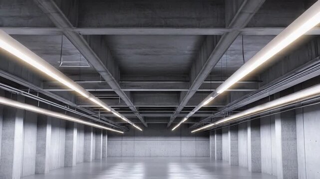 Large empty conceptual concrete hall interior portraying minimalism and modern architecture, featuring linear overhead lights illuminating the smooth polished floor and structural elements