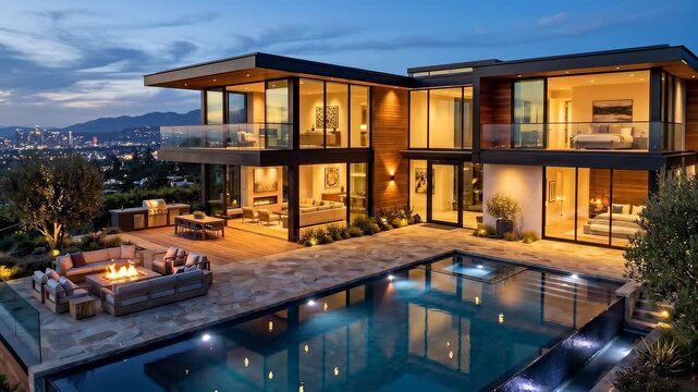 Aerial pan tracking dolly shot of modern villa with infinity pool and lit terrace overlooking city skyline on hillside at dusk