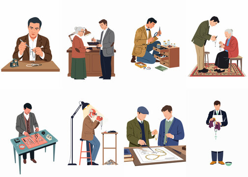 Set of illustrations depicting professional jewelers and artisans repairing, inspecting, and crafting religious rosaries and bead necklaces in various workshop settings.