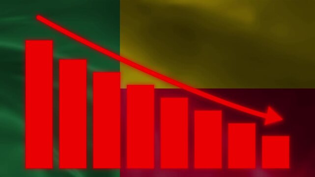 Economic Downturn Visualization: A stark red bar graph illustrates a steep decline, superimposed on a blurred flag, signifying a national economic recession or financial crisis.