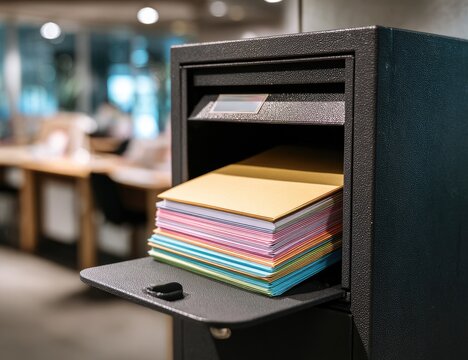 Open drop box full of brightly colored envelopes/papers