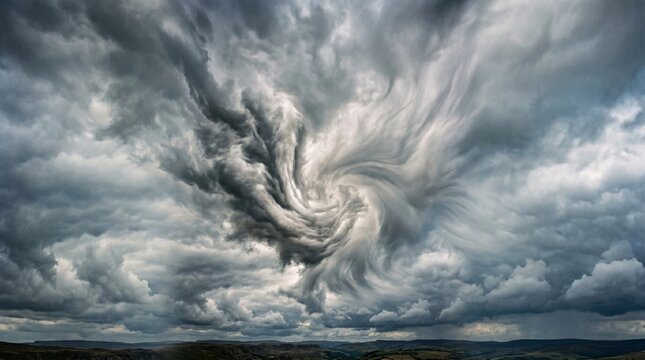 Dramatic swirling storm clouds forming a vortex in the sky over a dark landscape