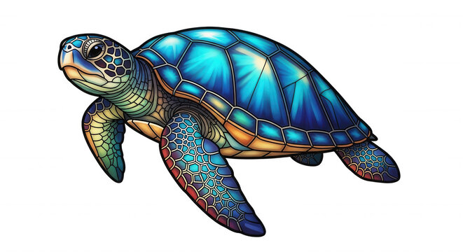 Stylized sea turtle with vibrant blue, teal, and orange geometric shell patterns isolated on a solid black background