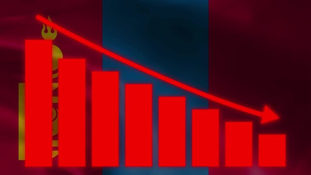 Mongolia Economic Downturn: A stark red downward trend graph overlays the Mongolian flag, symbolizing a significant economic recession and financial decline.