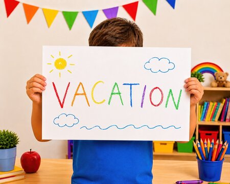 A young child hides his face behind a Christmas poster in a cheerful classroom, a playful school holiday concept with a handwritten sign, a bright educational environment, and a fun preschool stage.