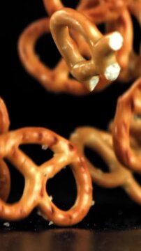 Salted pretzels fall on the table. Filmed on a high-speed camera at 1000 fps. High quality FullHD footage